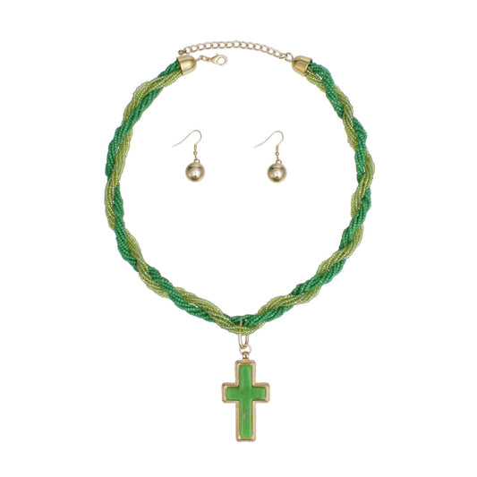 Pendant Green Twisted Bead Marbled Cross Necklace