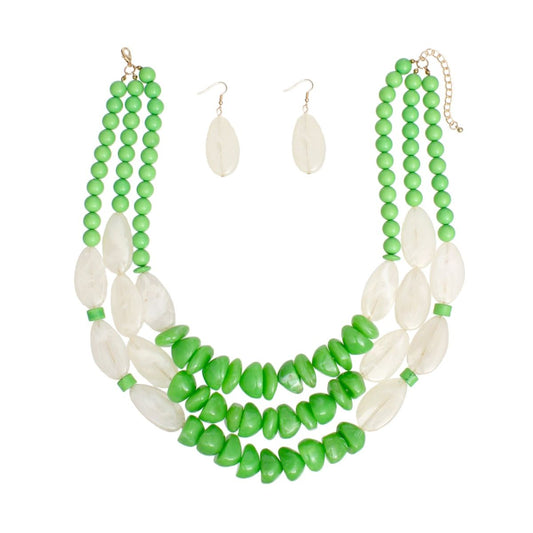 Beaded Green Stone 3 Layer Tribal Necklace Set