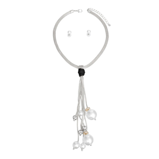 Tassel Long White Pearl Rhinestone Silver Necklace