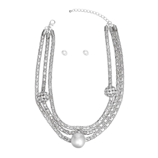 Layered Silver Mesh Snake Chain Ball Pearl Set