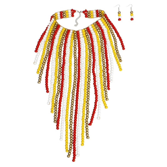 Bib Long Multi Wood Bead Fringe Global Necklace