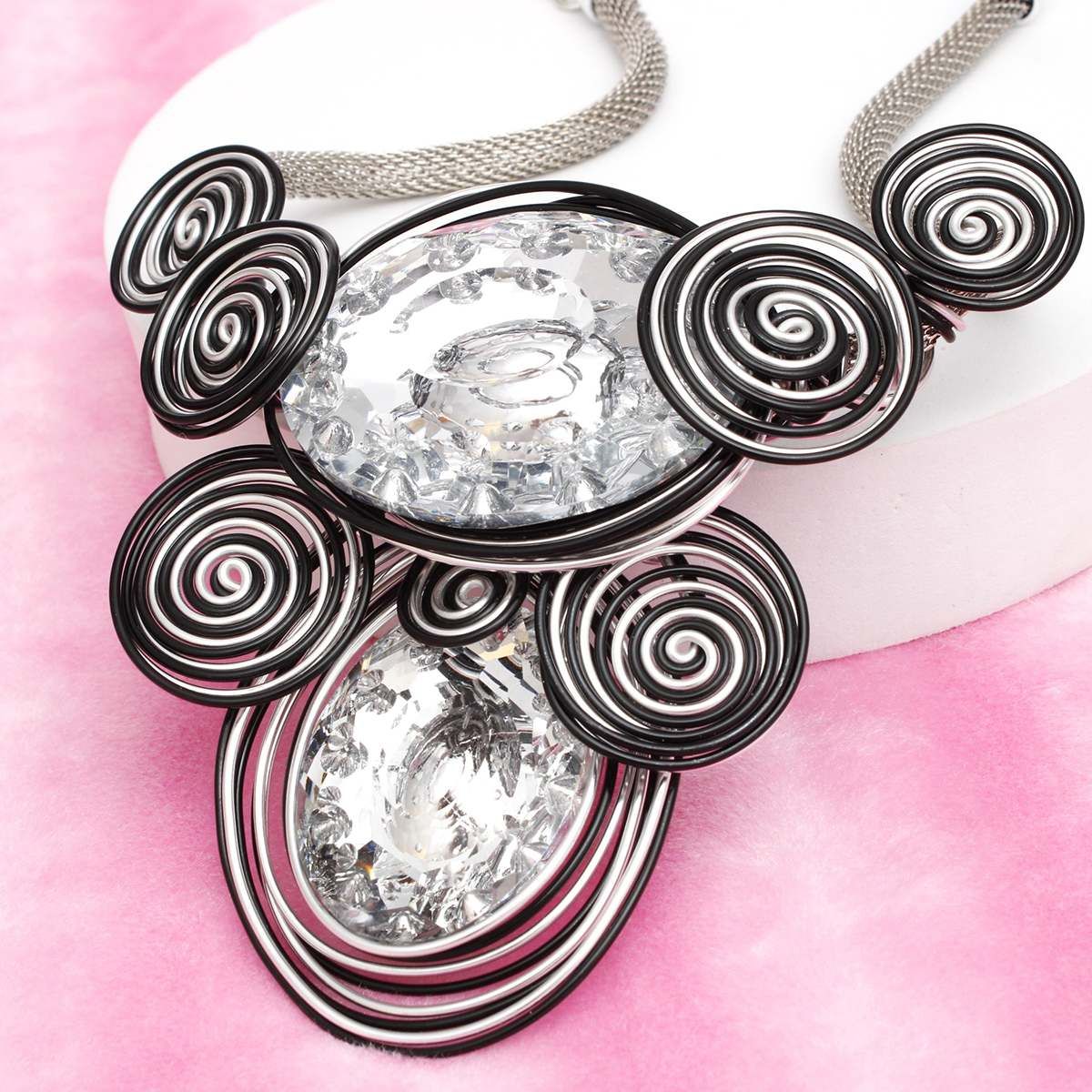 Bib Silver and Black Wire Drilled Crystal Necklace