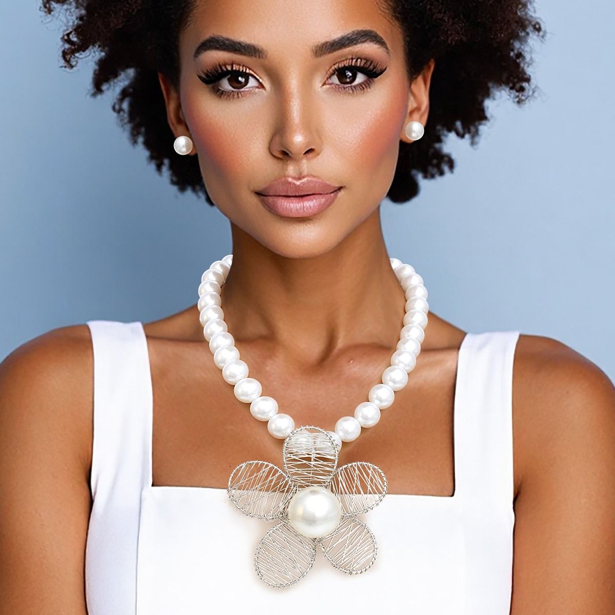 Pendant Silver Wire Flower White Pearl Necklace