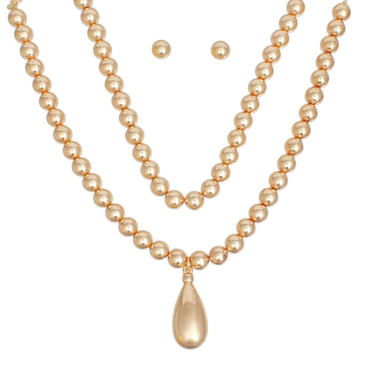 Beaded Gold Teardrop Pendant Double Necklace Set