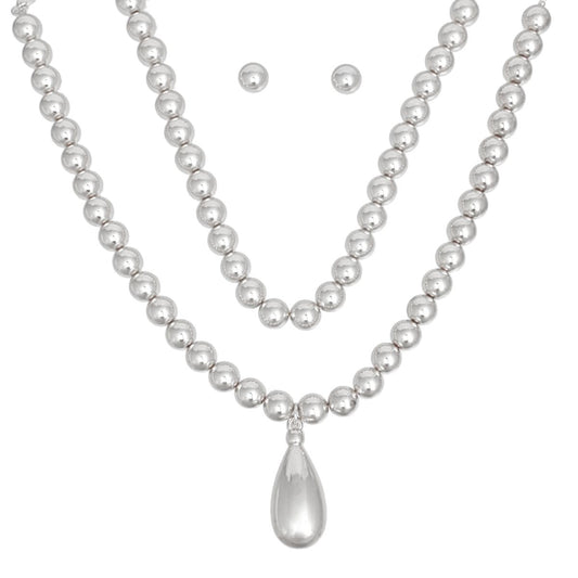 Beaded Silver Teardrop Pendant Double Necklace Set