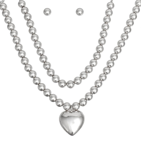 Beaded Silver Heart Pendant Double Necklace Set