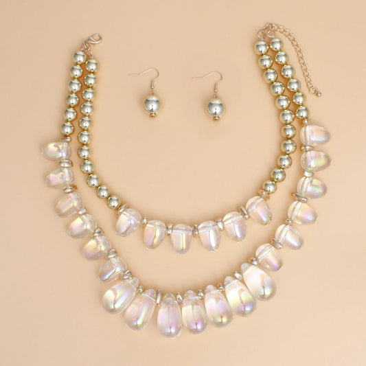 Beaded Clear Iridescent Teardrop Bead Necklace