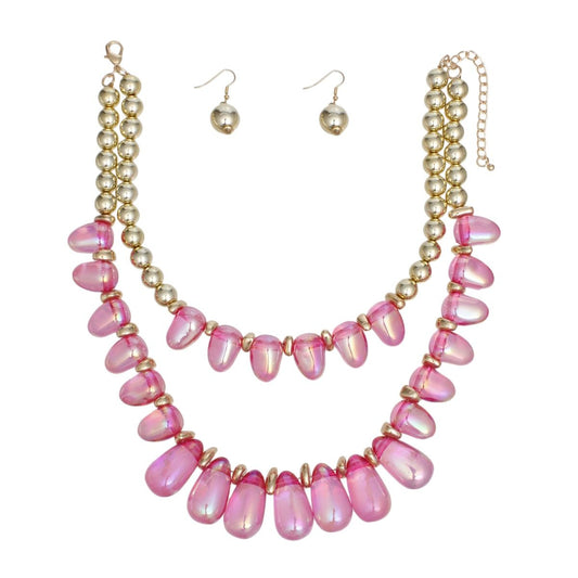 Beaded Fuchsia Iridescent Teardrop Bead Necklace
