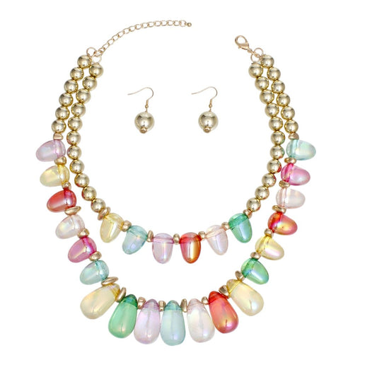 Beaded Multi Iridescent Teardrop Bead Necklace