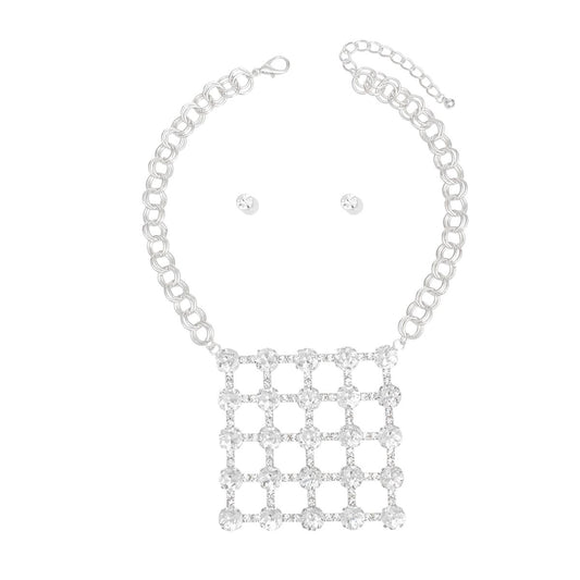 Pendant Silver Crystal Square Grid Chain Necklace