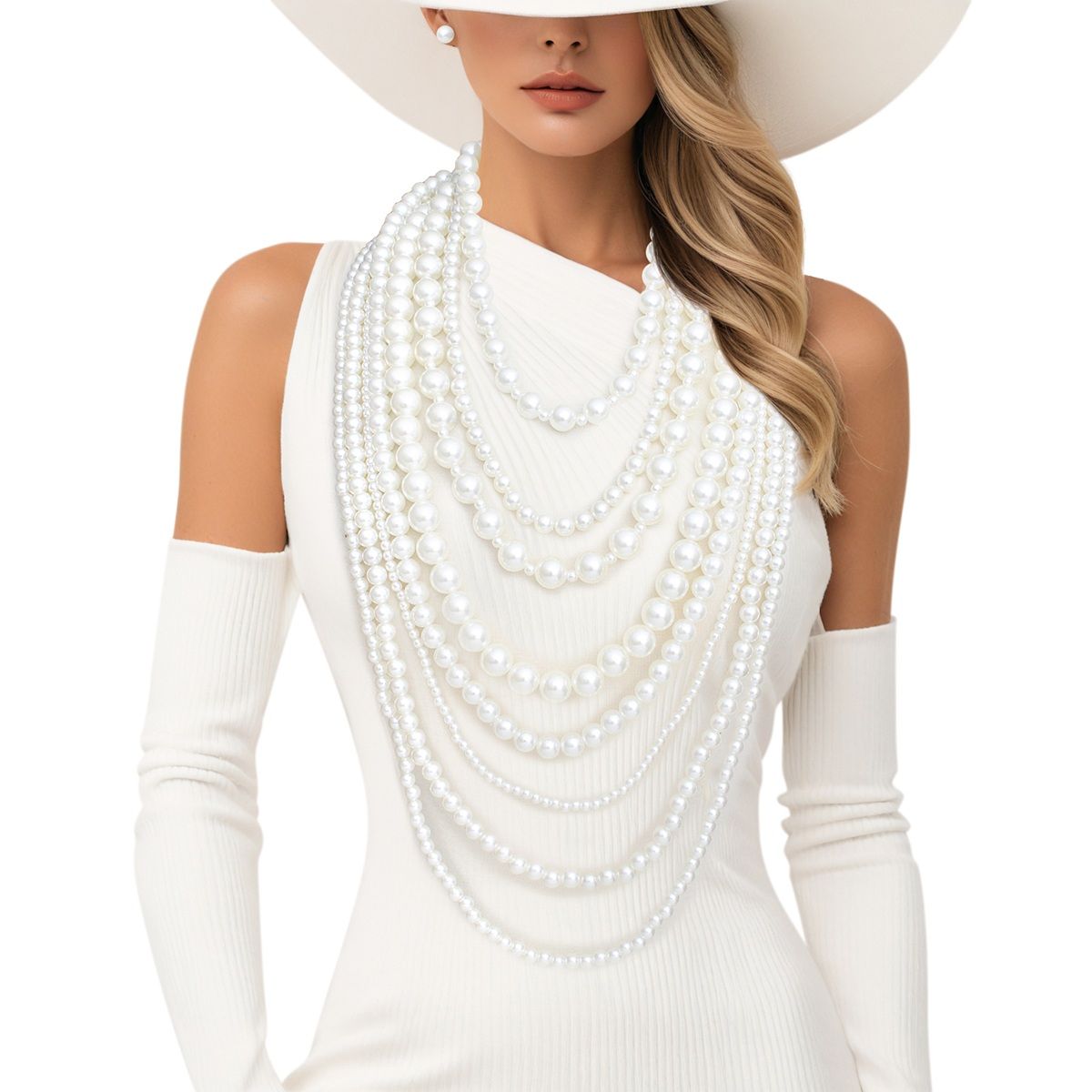 Pearl 8 Strand Cream Multi Layer Long Necklace