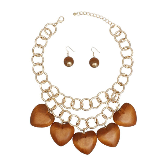 Bib Chunky Brown Wooden Heart Bead Necklace