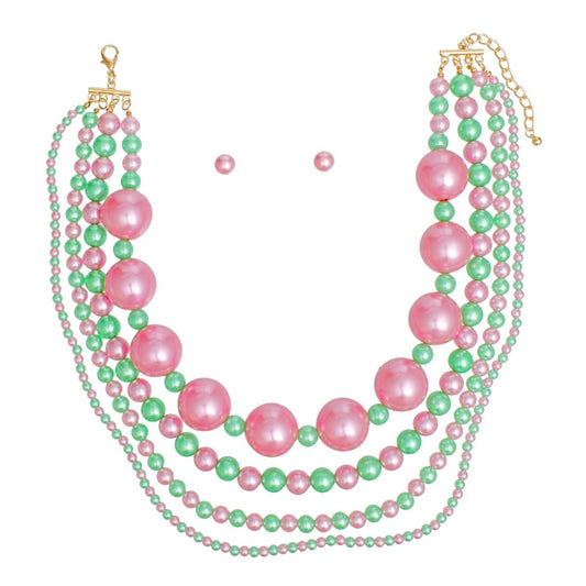 AKA Sorority Pink Green Jumbo Pearl Necklace Set