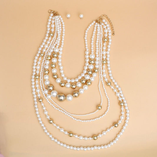 Long 7 Strand Cream Pearl Gold Ball Bead Necklace