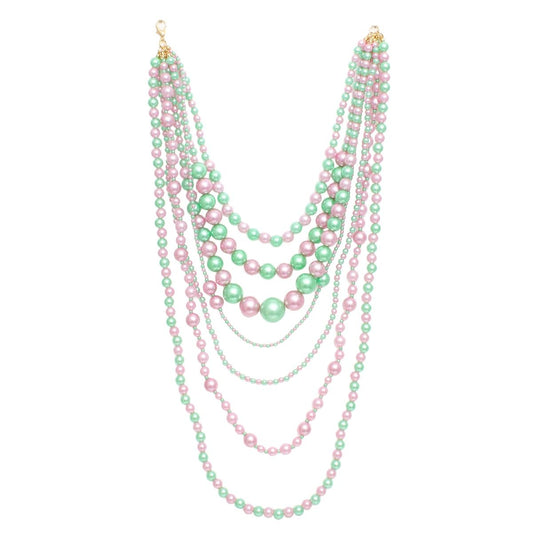 AKA Sorority Pink Green 7 Strand Pearl Necklace