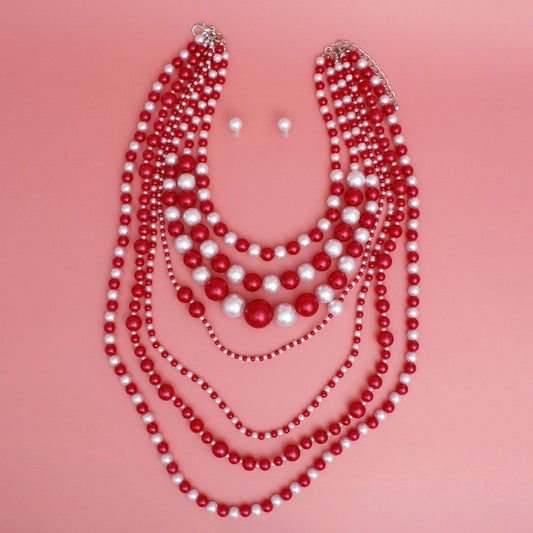 DST Sorority Red White 7 Strand Pearl Necklace