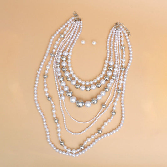 Long 7 Strand White Pearl Silver Ball Bead Necklace