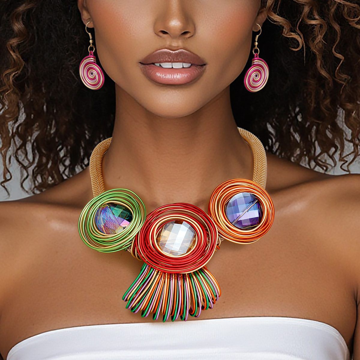Bib Multicolor Looped Wire Round Bead Necklace
