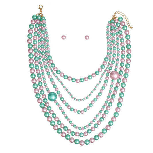 AKA Pink Green Pearl Long Layers 6 Strand Necklace