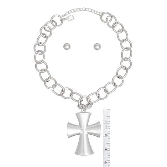 Pendant Chunky Matte Silver Cross Chain Necklace