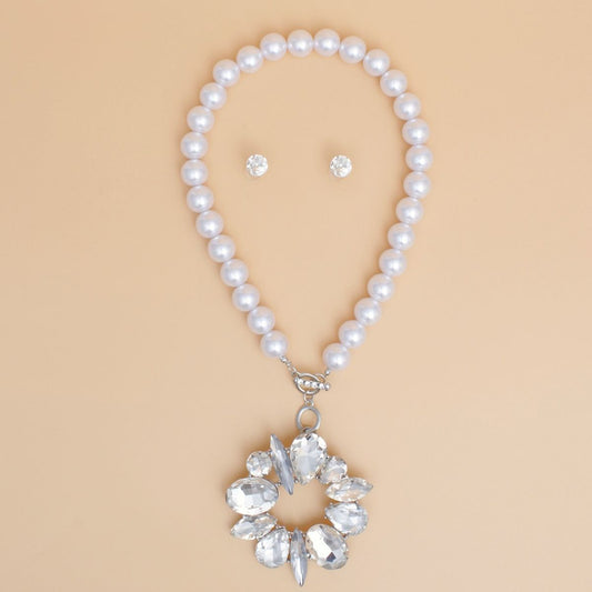 Toggle White Pearl Clear Crystal Pendant Necklace