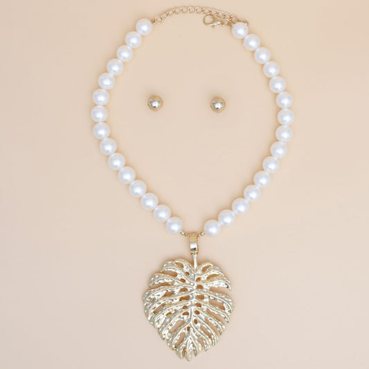 Cream Pearl Gold Palm Leaf Pendant Necklace
