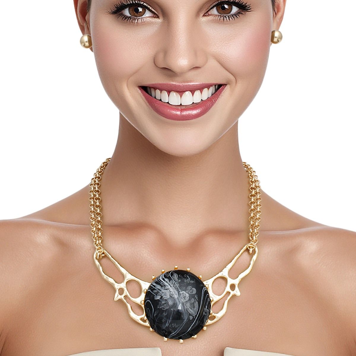 Collar Black Resin Dome Gold Chain Necklace Women