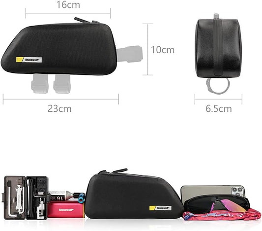 Black motorcycle saddlebags with dimensions and contents on a white background