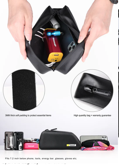 Black bicycle pouch with various items inside, held by hands on a white background.