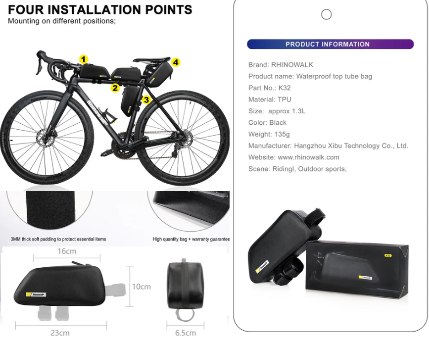 RHINOWALK waterproof top tube bag with installation points and product information on a white background