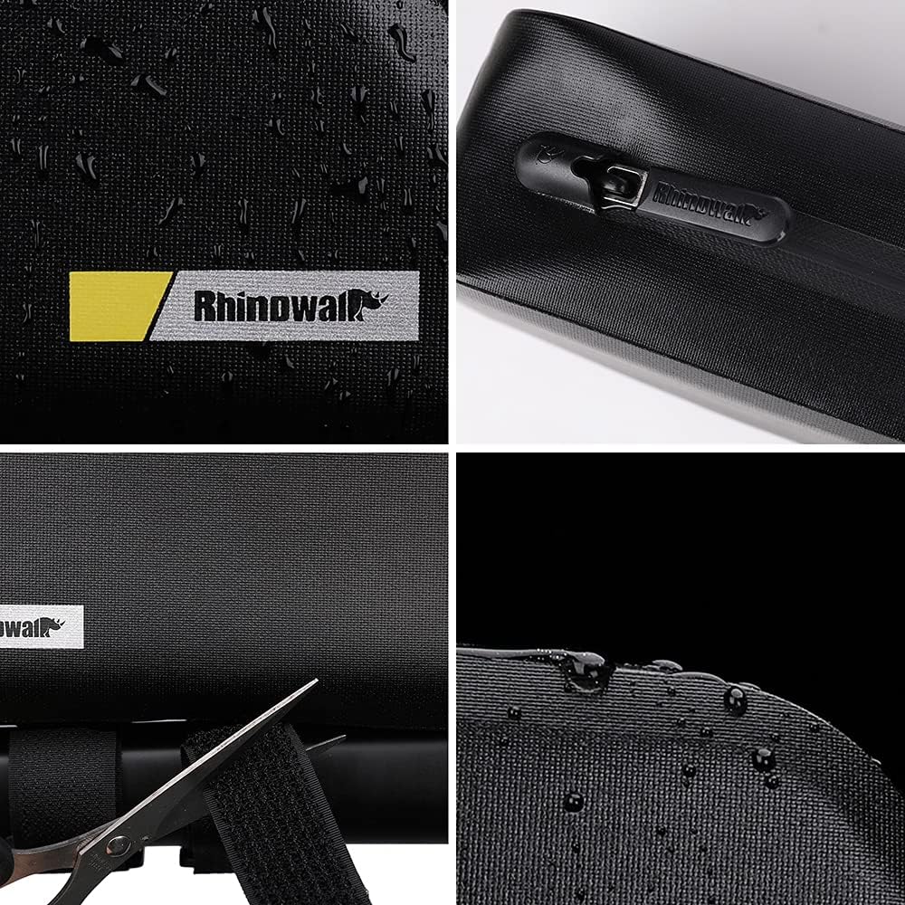Collage of a black bag with Rhinowalk branding, showing water resistance and zipper details.