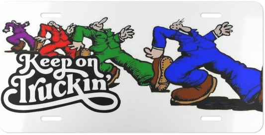 Keep On Trucking Novelty License Plate Style Sign. Metallic license plate with cartoon characters and 'Keep on Truckin'' text on a white background