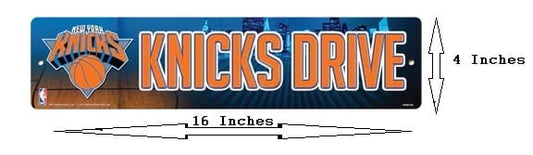 Plastic sign with 'New York Knicks' logo and text 'Knicks Drive' on a blue background with size and dimension arrows.