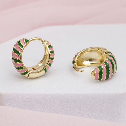 AKA 14K Gold Pink Green Striped Hoop Earrings
