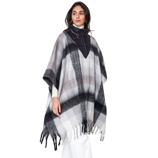 Poly Black Plaid Long Zip Fringe Poncho for Women