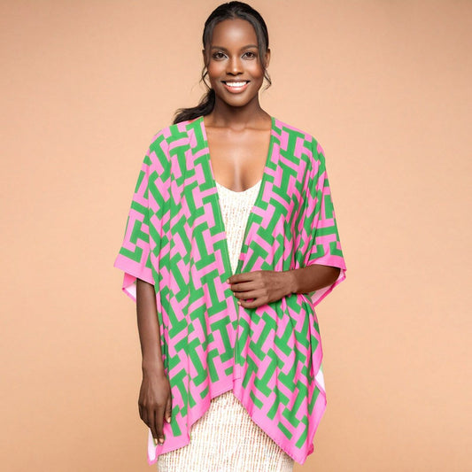 AKA Sorority Pink Green Geometric Viscose Kimono