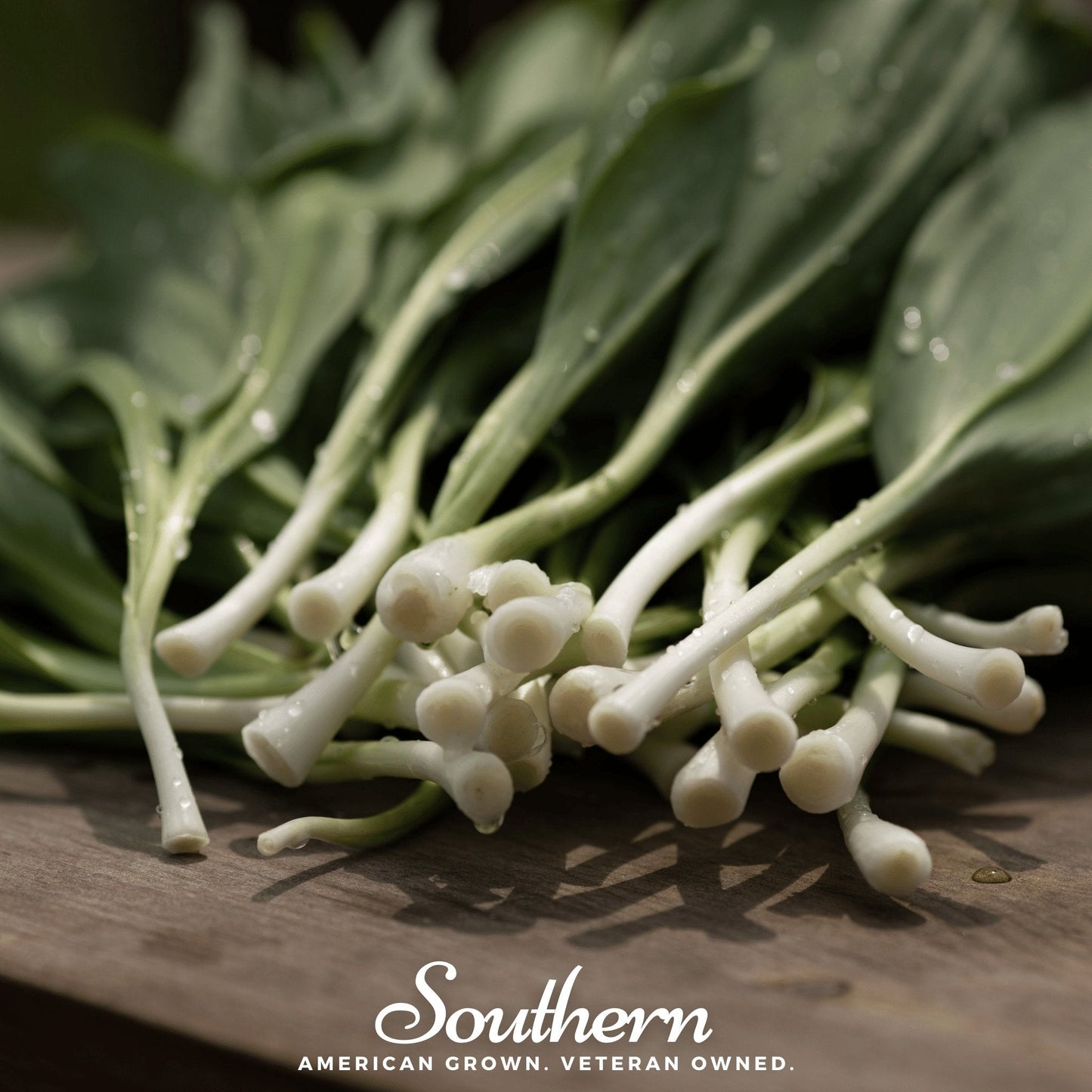 Bunch of green leeks on a wooden surface with 'Southern' branding.