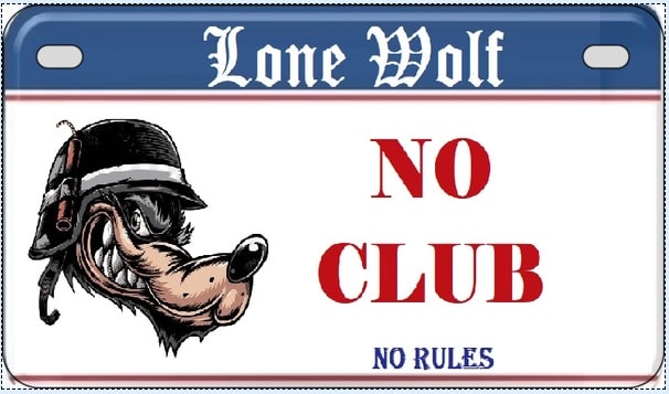 Lone Wolf No Club Motorcycle License Plate. Motorcycle License plate with a Lone Wolf design and text 'No Club, No Rules' on a blue and white background.