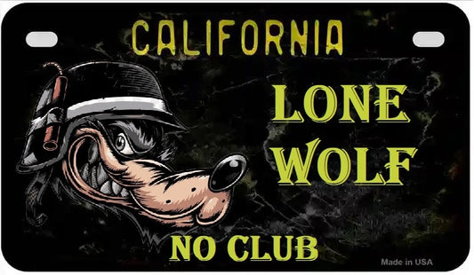Lone Wolf California Motorcycle License Plate. Motorcycle License plate with a wolf design and text 'California Lone Wolf No Club' on a dark background
