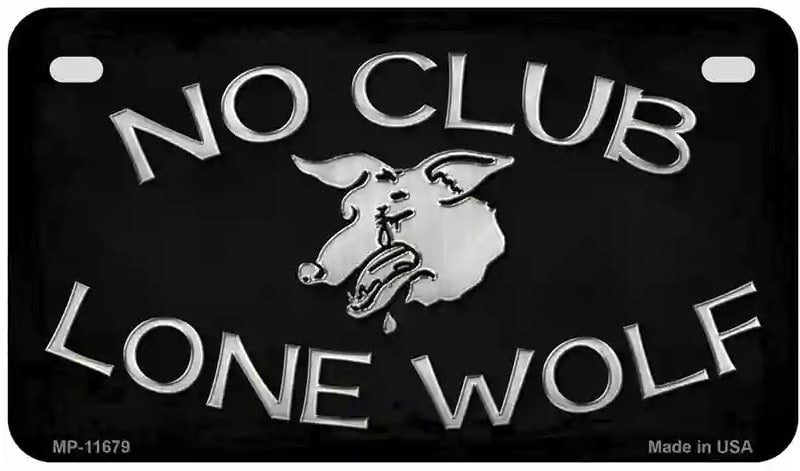 Lone Wolf Motorcycle License Plate. Black motorcycle license plate with silver text and wolf design, featuring 'No Club Lone Wolf' branding.
