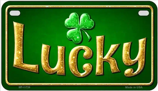 Green license plate with gold 'Lucky' text and green shamrock, made in USA.