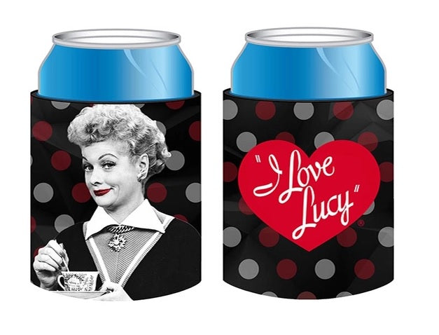 Beverage insulator featuring an image of Lucille Ball with a red 'I love Lucy' heart and black, red, and gray polka dots design.