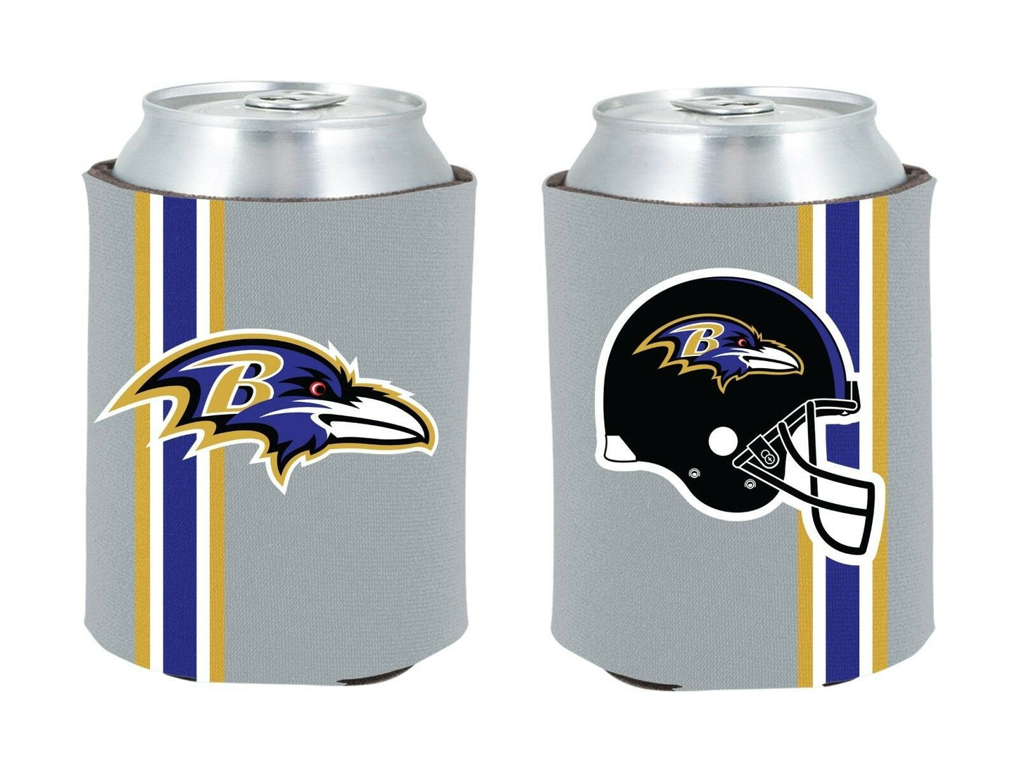 Two can coolers with Baltimore Ravens logo and helmet design on a white background