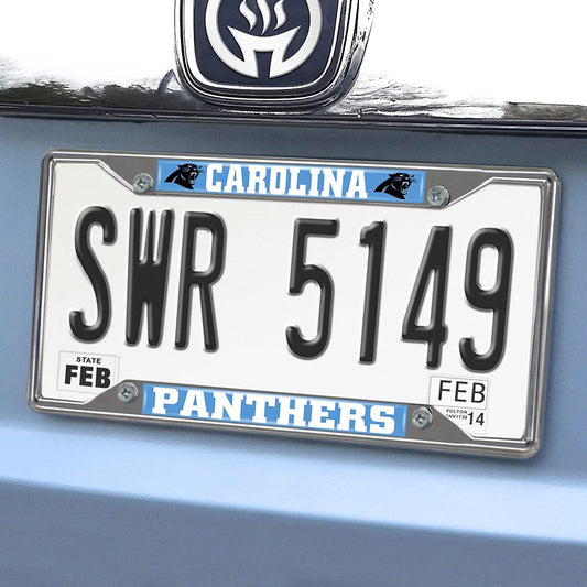 Car license plate with 'Carolina Panthers' branding on a vehicle.
