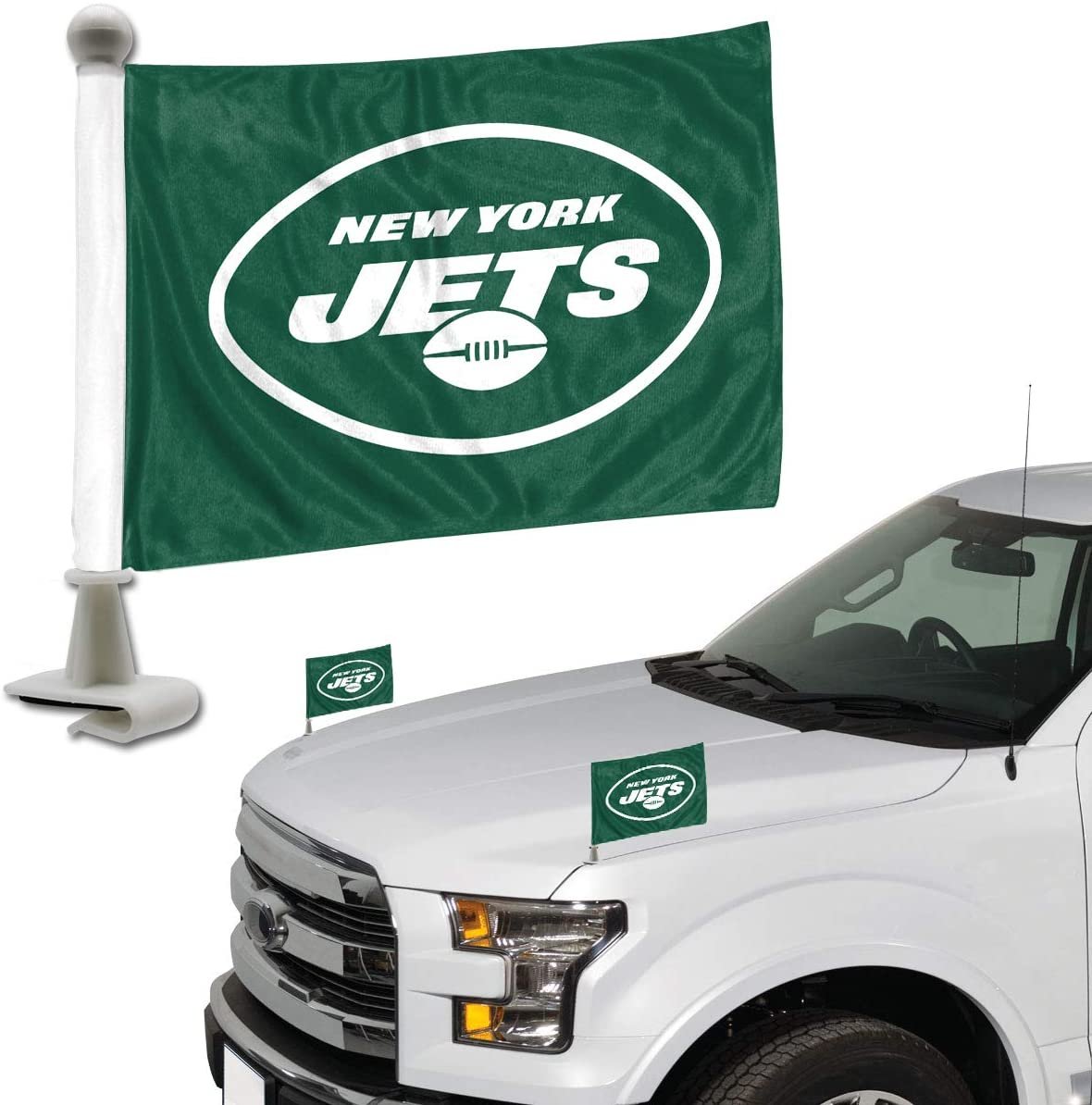 New York Jets car flag set on a white truck
