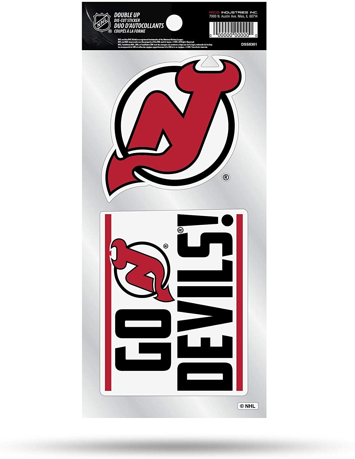 Double-sided decal with Devils logo and 'Go Devils!' text on packaging