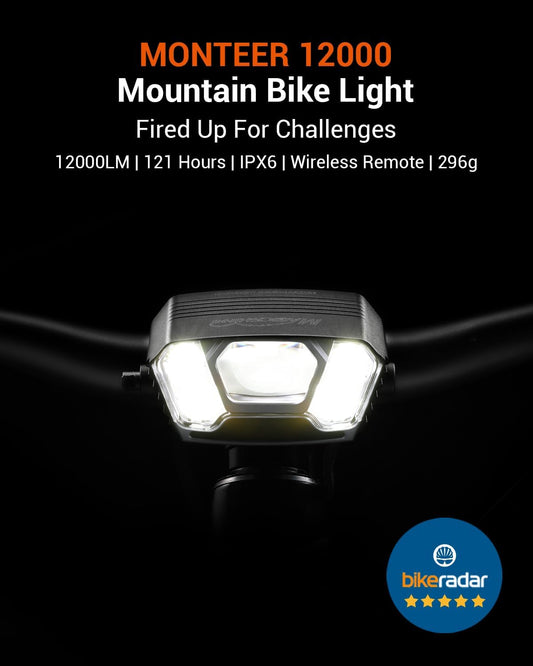 Mountain bike light with specifications on a dark background