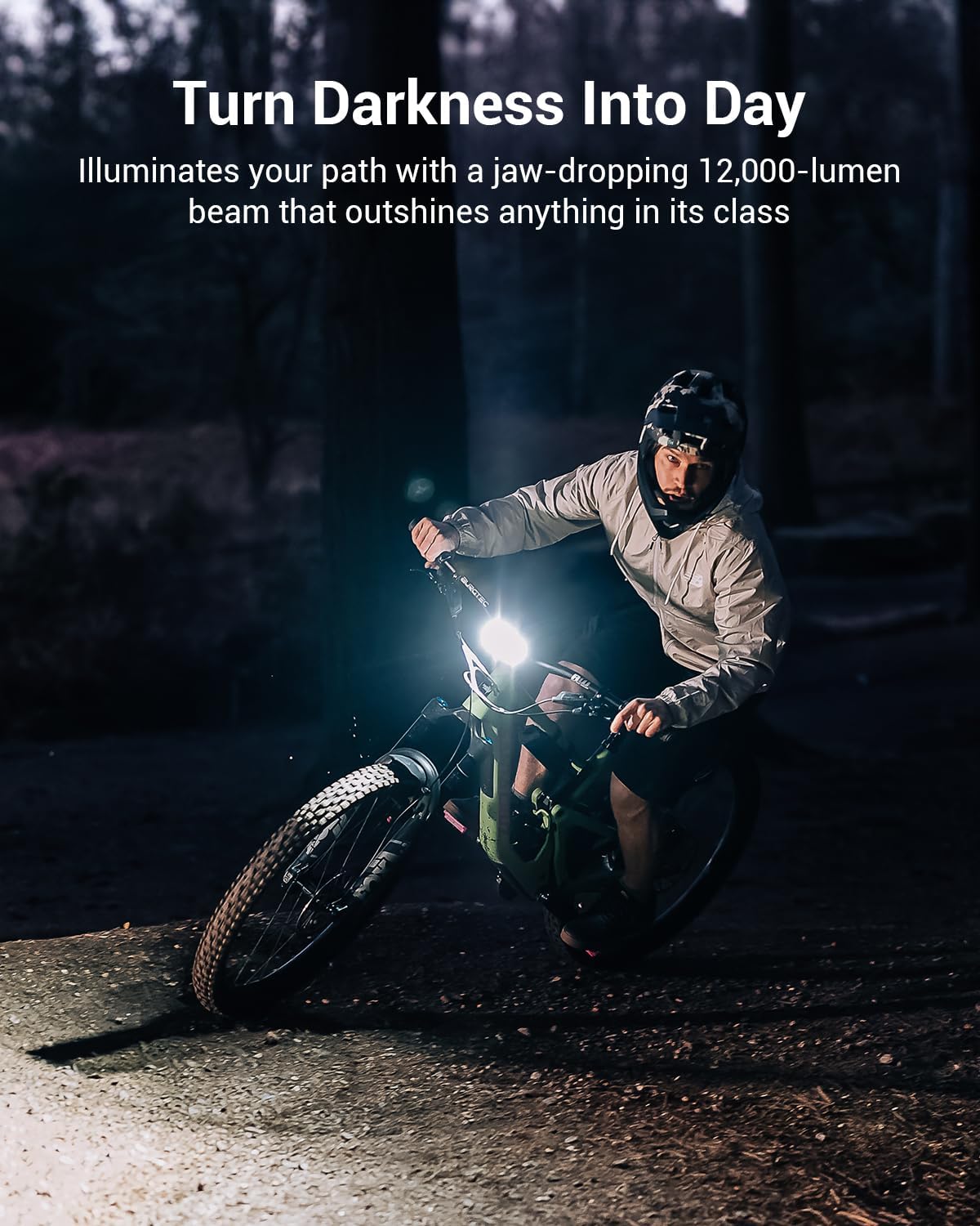 Person on a bicycle with a headlight in a dark setting, highlighting the light's power.