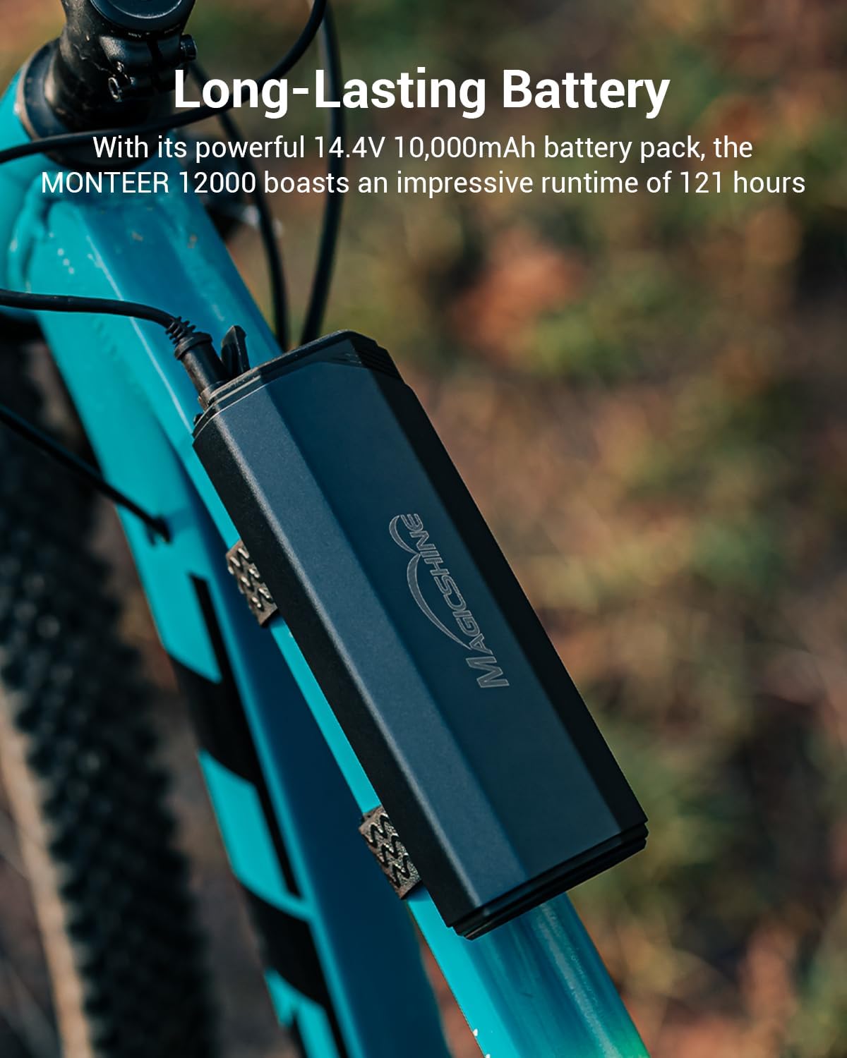 Bicycle battery pack with text about long-lasting battery on a blurred natural background