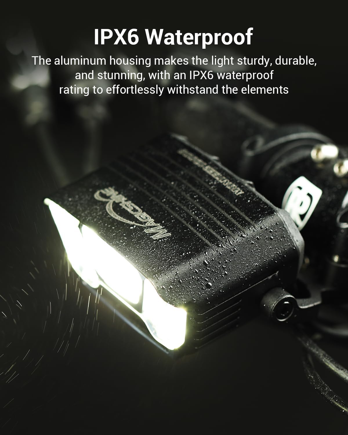 Waterproof bike light with IPX6 rating on a dark background